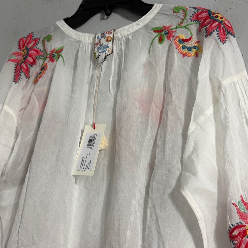 Johnny Was White Embroidered Floral Tunic with Pink and Green Accents - Picture 7 of 13